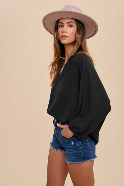 Loose fit wide fold placket woven blouse top