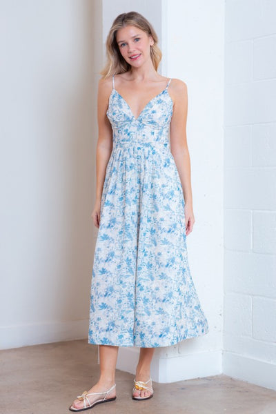 Embroidered Plunge Midi Dress