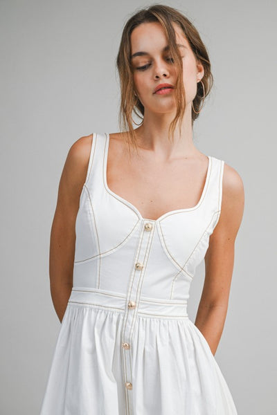 White Button Front Midi Dress