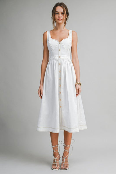 White Button Front Midi Dress