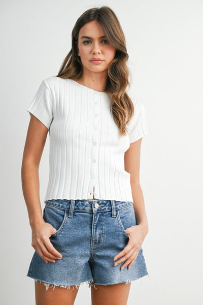 Ribbed Short Sleeve Button Top