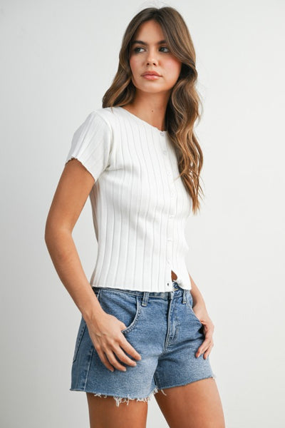 Ribbed Short Sleeve Button Top