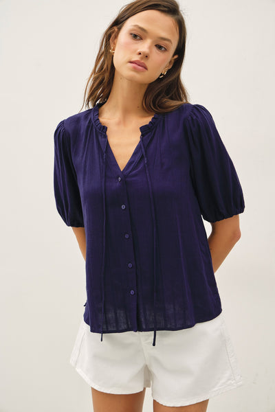 Linen Blend Ruffle Blouse