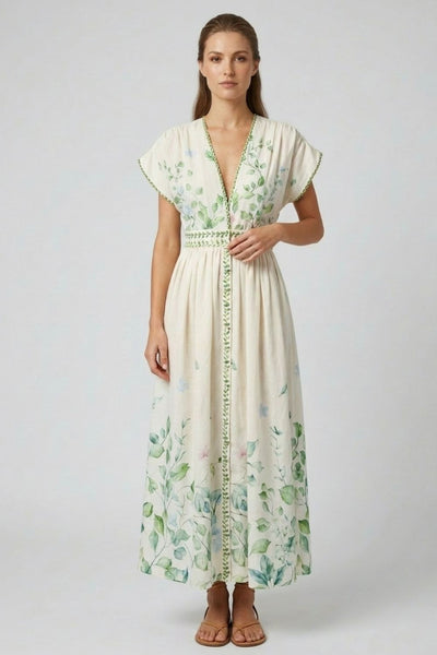 Floral Smocked V Neck Dress