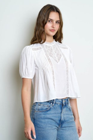 Lace Trim Pin Tuck Blouse