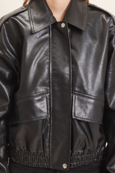 Faux Leather Collared Bomber Jacket