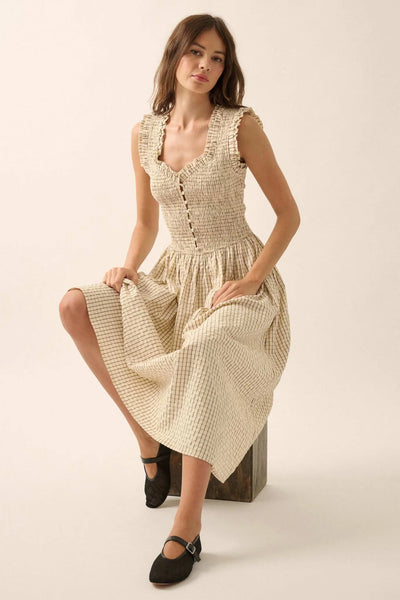 Smocked Plaid Midi Dress