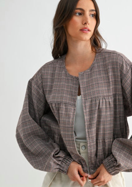 Balloon Sleeve Plaid Jacket