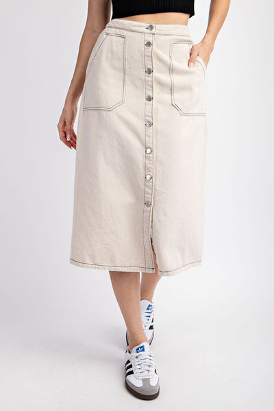 Stone Washed Midi Button Down Skirt