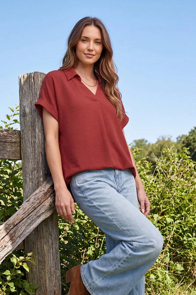 Drop Shoulder Collared Woven Top
