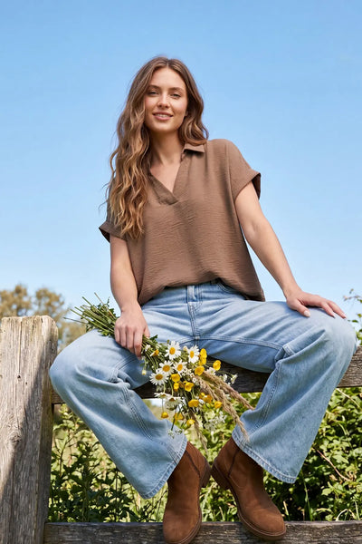 Drop Shoulder Collared Woven Top