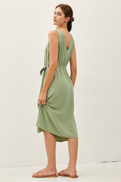 Linen Blend Mock-wrap Midi Dress W/ Tie Detail