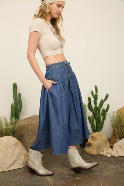 Elastic Denim Maxi Skirt