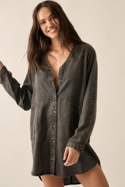 Mineral Washed Denim Mini Shirt Dress