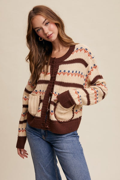 Flower Striped Pattern Knit Cardigan