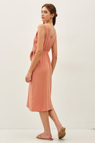 Linen Blend Mock-wrap Midi Dress W/ Tie Detail