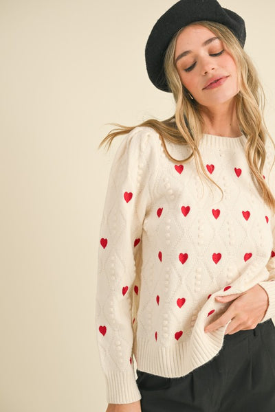 Heart Embroidery Pom Pom Sweater