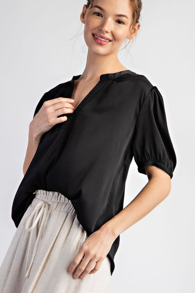 Notched Neck Short Sleeve Blouse Top