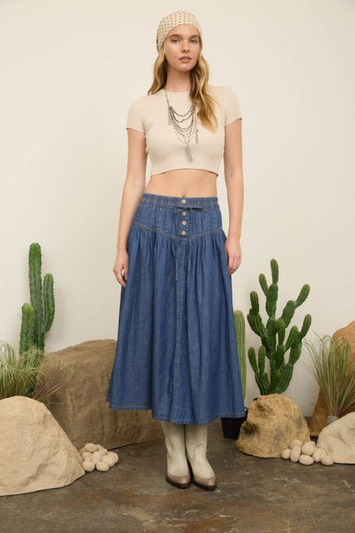 Elastic Denim Maxi Skirt