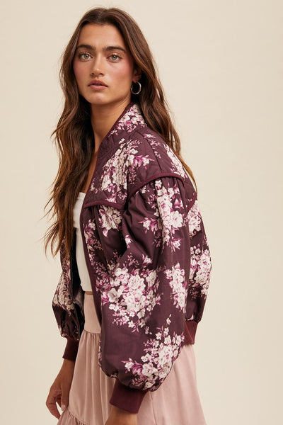 Quilted Floral Print Pleated Jacket