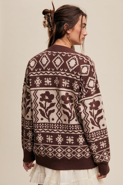 Flower Aztec Patterned Knit Cardigan