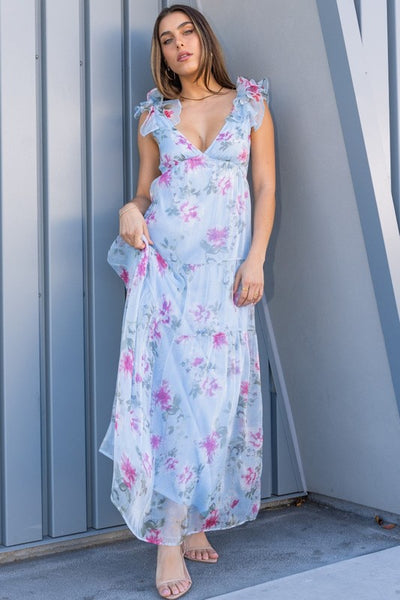 Rosy Chiffon Ruffle Back Dress