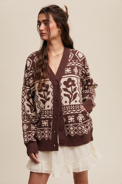 Flower Aztec Patterned Knit Cardigan