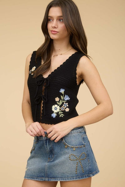 Floral Embroidery Front Tie Crochet Vest Top