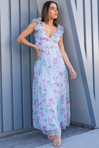 Rosy Chiffon Ruffle Back Dress