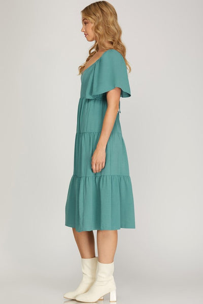 Open Tie Back Flounce Midi Dress