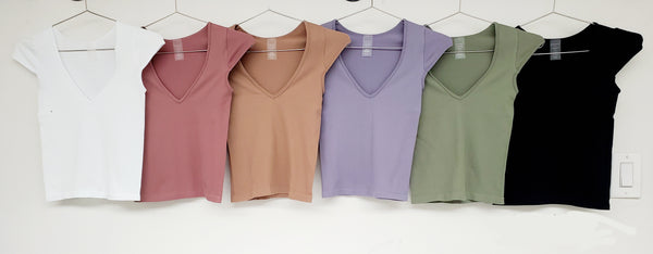 Ribbed V Neck Capsleeve Top