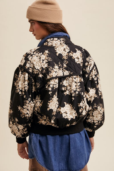 Quilted Floral Print Pleated Jacket