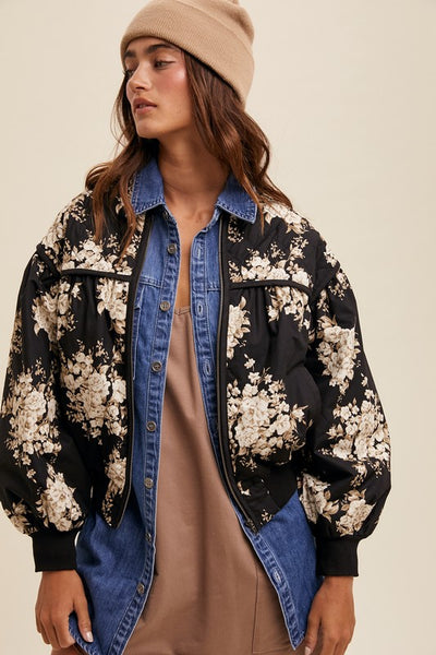 Quilted Floral Print Pleated Jacket