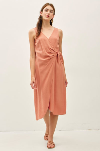 Linen Blend Mock-wrap Midi Dress W/ Tie Detail