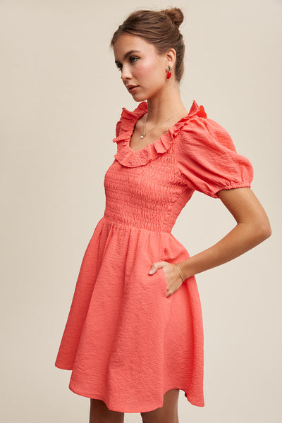 Smocked Puff Sleeve Ruffle Dress