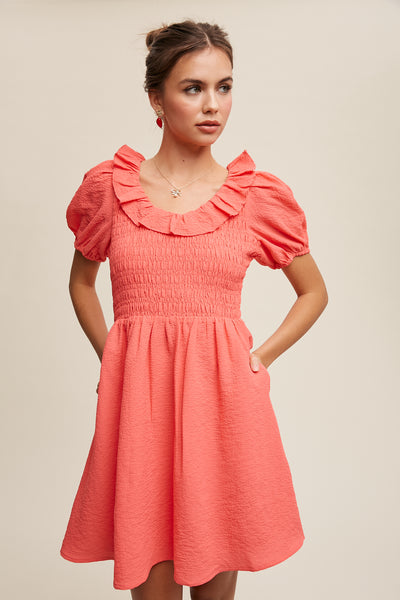 Smocked Puff Sleeve Ruffle Dress
