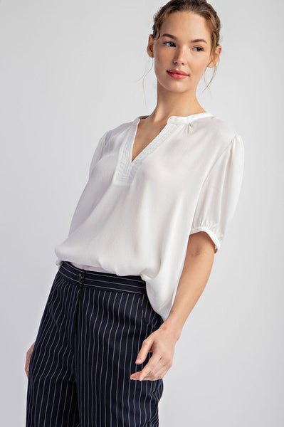 Notched Neck Short Sleeve Blouse Top