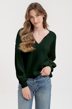 Split Neck Drop Shoulder Pullover Sweater