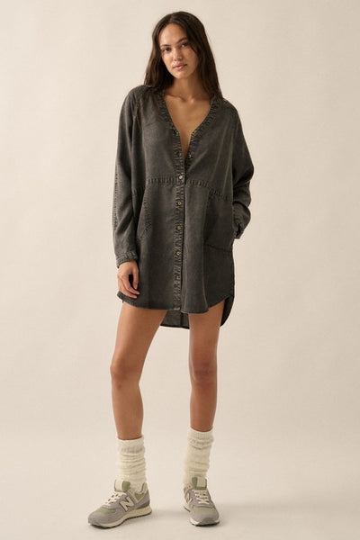 Mineral Washed Denim Mini Shirt Dress