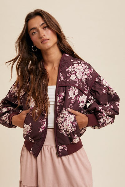 Quilted Floral Print Pleated Jacket