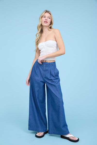 Wide Pleated Chambray Pants