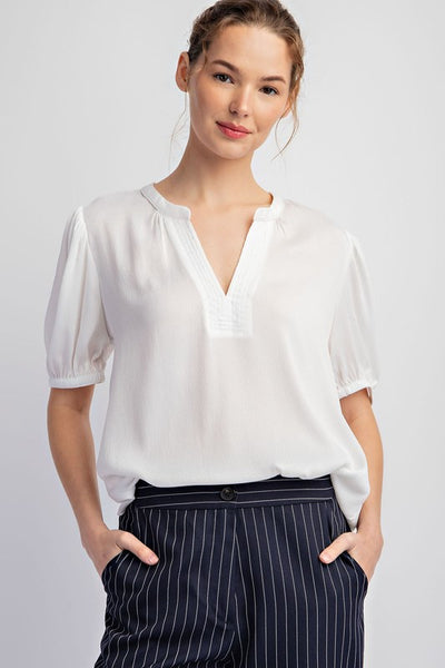 Notched Neck Short Sleeve Blouse Top