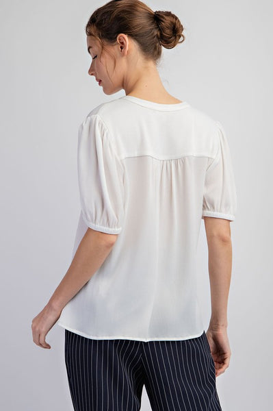 Notched Neck Short Sleeve Blouse Top