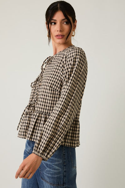 Front Tie Plaid Blouse