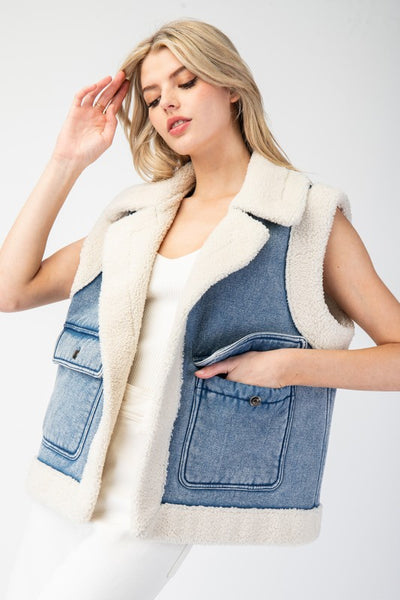 Stone Washed Denim Fur Vest