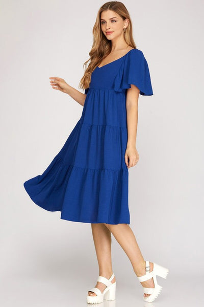 Open Tie Back Flounce Midi Dress