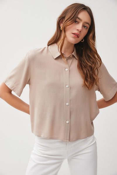 Boxy Crop Button Down Short Sleeve Shirt