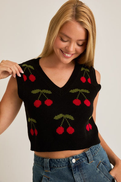 Cherry Pattern Crop Sweater Vest