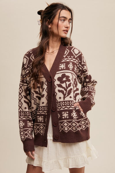 Flower Aztec Patterned Knit Cardigan