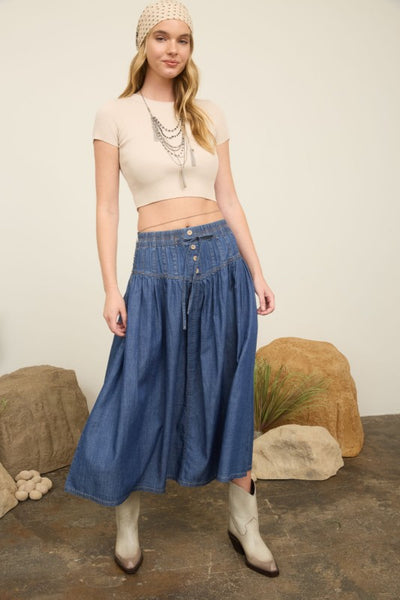 Elastic Denim Maxi Skirt
